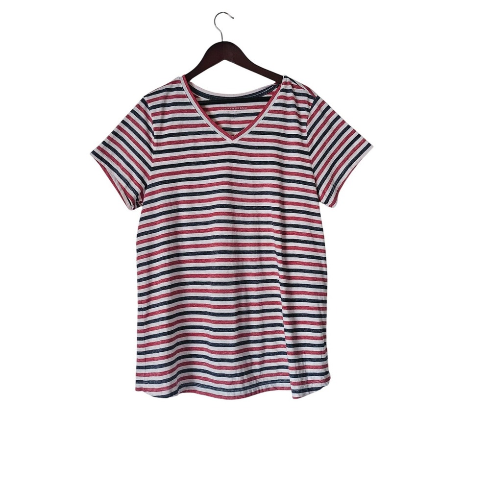 Lucky Brand Women's 1X Red White Blue Striped V Neck Short Sleeve Tee